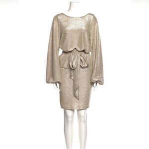 Alexis Gold Metallic Bateau Neckline Blouson Dress with Balloon Sleeves. EUC!